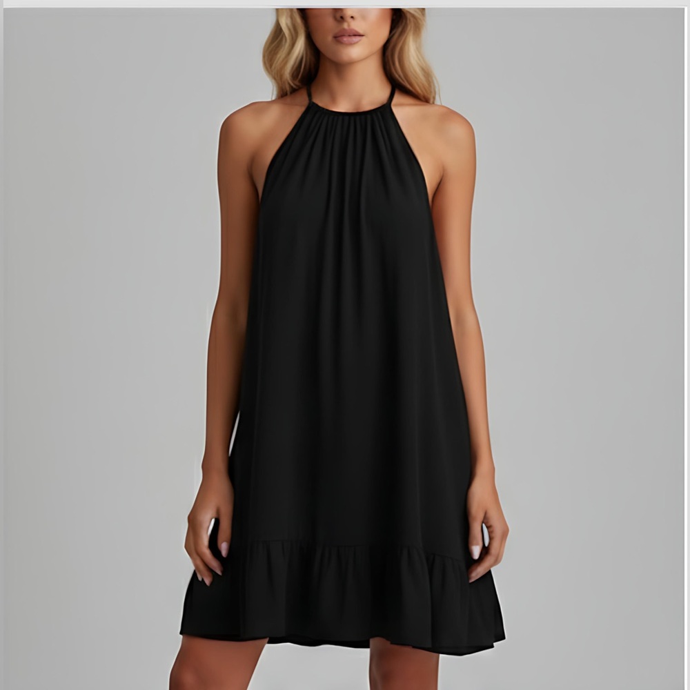 Black Ruffle Hem Tie Low Back Halter Dress